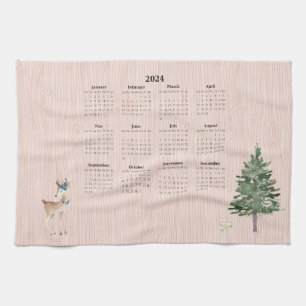 2024 Calendar Woodland Deer Bird Tree Kitchen Towel