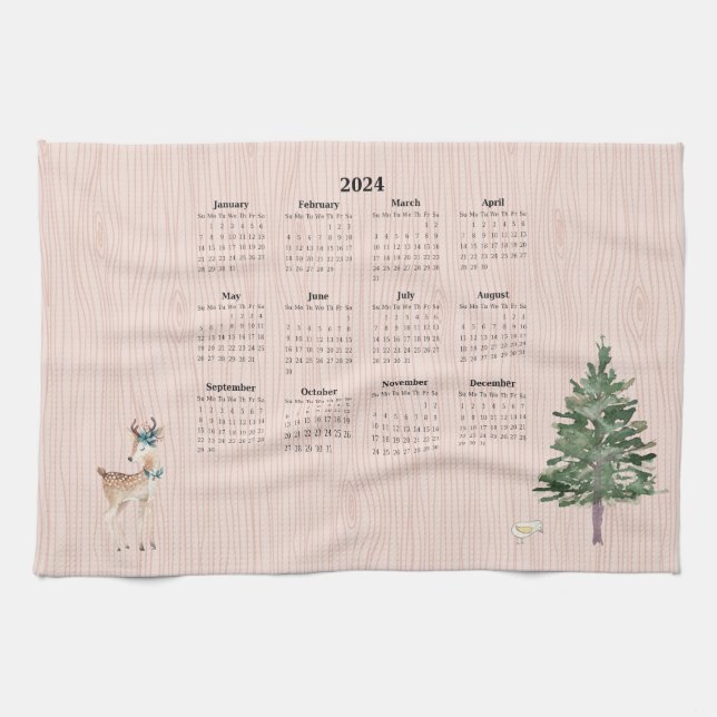 2024 Calendar Woodland Deer Bird Tree Kitchen Towel (Horizontal)