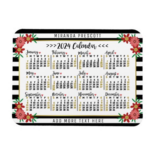 2024 Calendar Year Monthly Floral Stripes  Custom Magnet