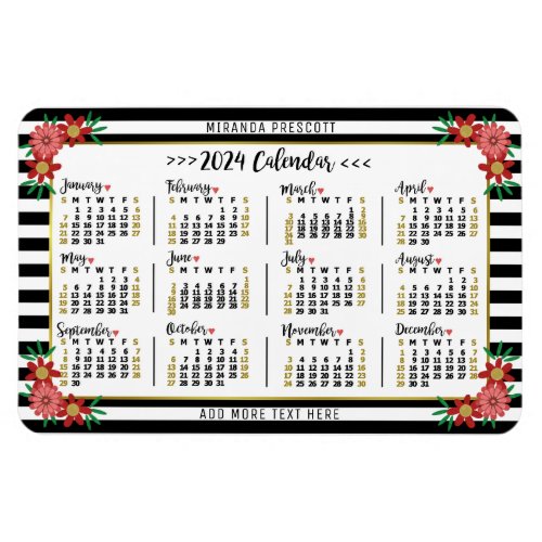 2024 Calendar Year Monthly Floral Stripes Preppy Magnet