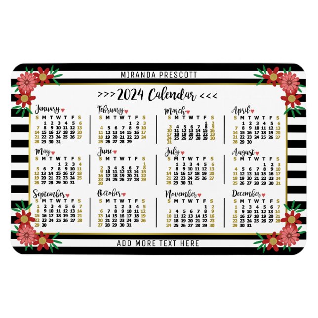 2024 Calendar Year Monthly Floral Stripes Preppy Magnet (Horizontal)