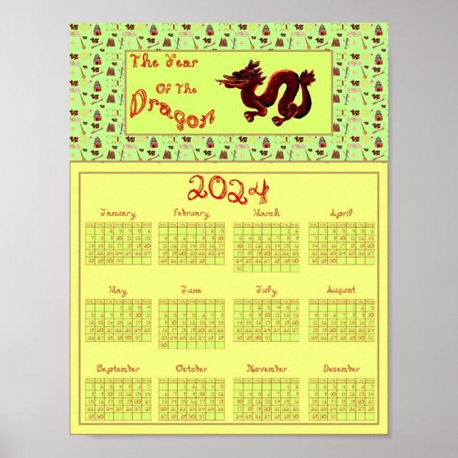 2024 Calendar Year Of The Dragon Printable Poster (Front)