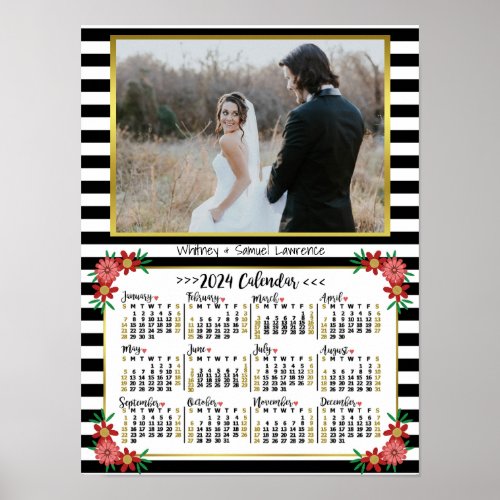 2024 Calendar Year Preppy Floral Stripes  Photo Poster