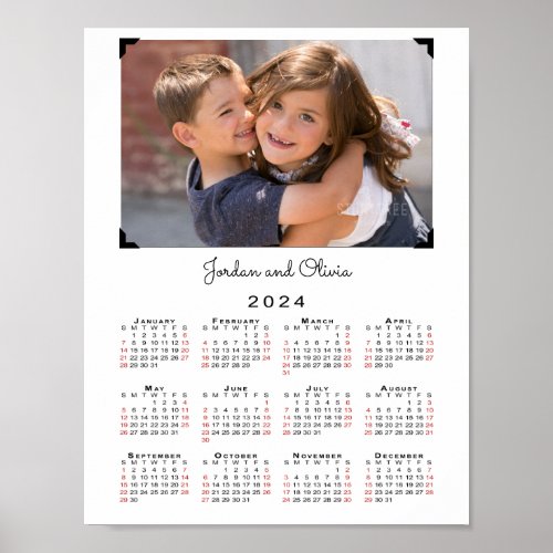 2024 Calendar Your Photo and Name on White Poster