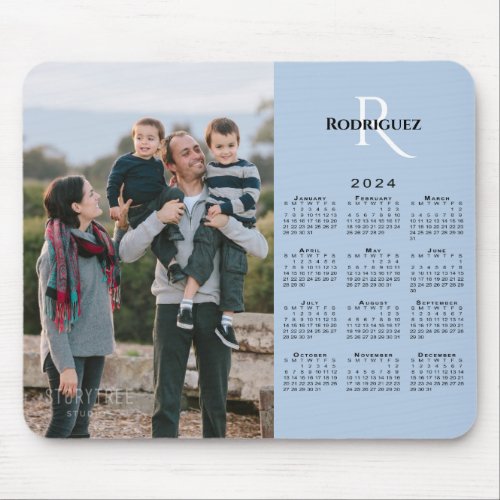 2024 Calendar Your Photo Monogram Name Light Blue Mouse Pad