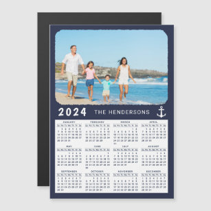 2024 Calendar Your Photo Nautical Navy Blue Magnet