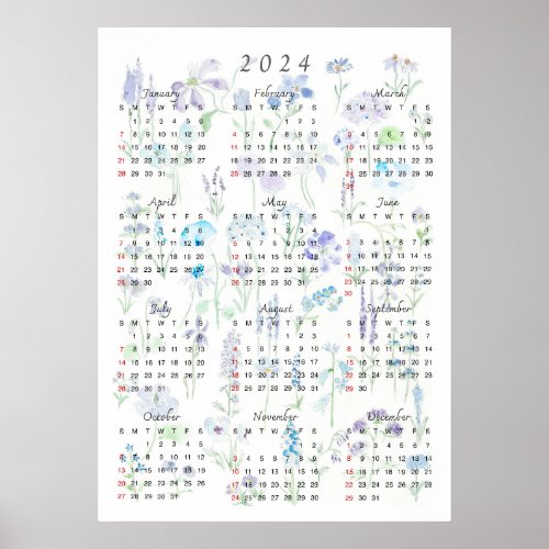 2024 calender watercolor purple and blue foral poster