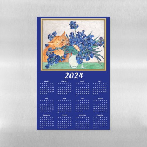 2024 Cat Attacking Van Gogh Irises Calendar Fridge Magnetic Dry Erase Sheet