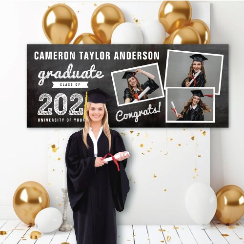 2024 Chalkboard Sketch 3 Photo Collage Grad Party Banner