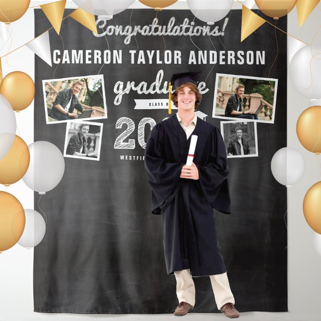 2024 Chalkboard Sketch Graduation 4 Photo Backdrop (2024 White Sketch Black Chalkboard Graduation Party 4 Photo Backdrop by www.zazzle.com/color_therapy)