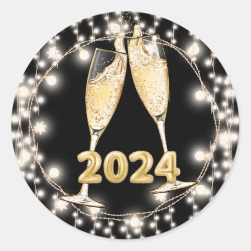 2024 Champagne Toast String Lights New Years Eve Classic Round Sticker