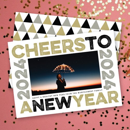 2024 Cheers To A New Year Typography Blocks Photo Holiday Card