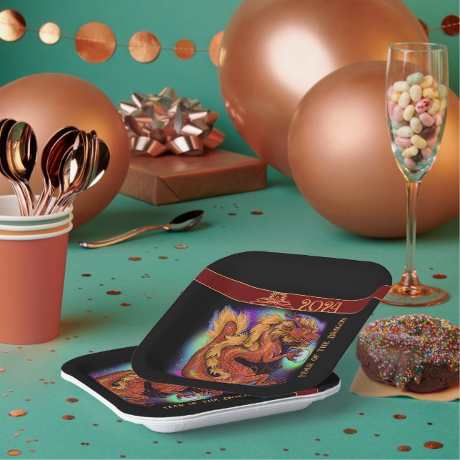 2024 Chinese Zodiac Year of the Dragon New Years Paper Plates (Multi)