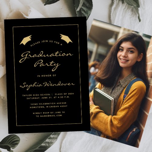 2024 Classic Black Gold Border Graduation Party Invitation