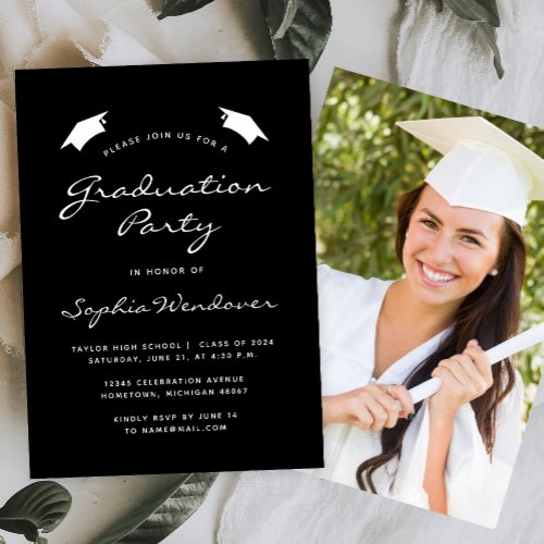 2024 Classic Modern Black White Graduation Party Invitation