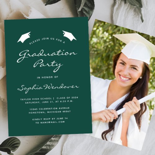 2024 Classic Modern Green White Graduation Party Invitation