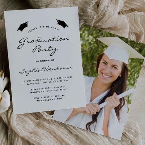 2024 Classic Modern White Black Graduation Party Invitation