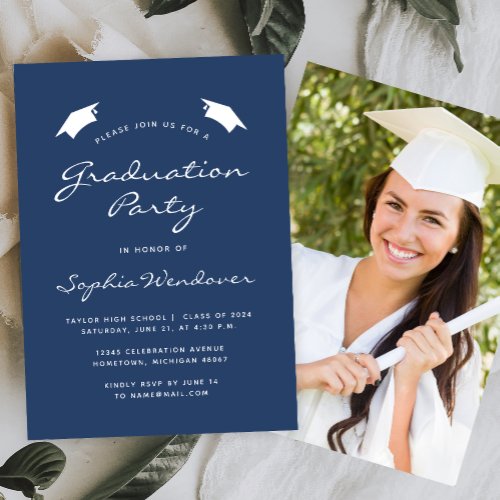 2024 Classic Navy Blue White Graduation Party Invitation