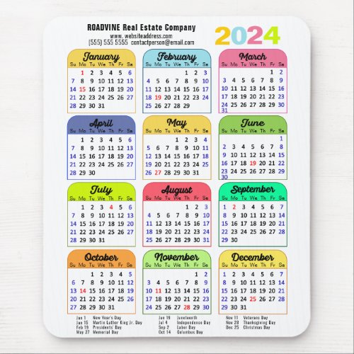 2024 Color Calendar US Public Holidays Corporate Mouse Pad