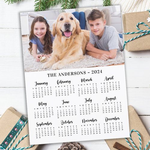 2024 Custom Photo  Family Name 12 Month Calendar Holiday Postcard