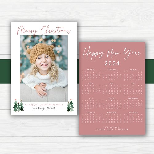 2024 Cute Minimalist Pink Christmas Photo Calendar Holiday Card
