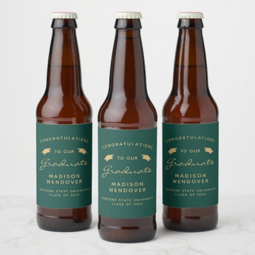 2024 Dark Green Gold Script Cap Graduation Beer Bottle Label