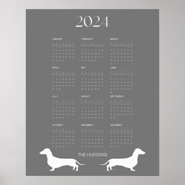 2024 Dark Grey Dachshund Silhouette Calendar Poster (Front)