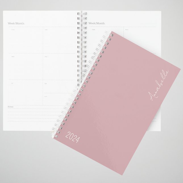 2024 Dusky Pink Week & Month Personalized Planner (2024 Weekly and Monthly planner. Spiral bound with dusky pink cover. Personalize with name.)