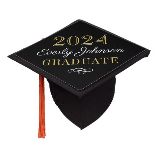 2024 Elegant Black And Gold Custom Graduation Cap Topper 