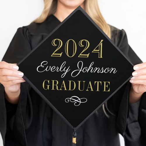 2024 Elegant Black and Gold Custom Graduation Cap Topper