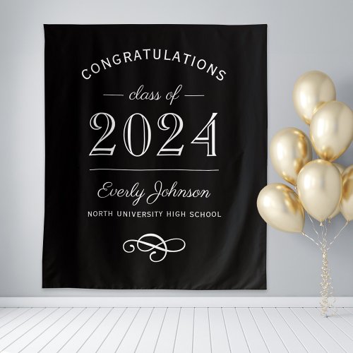 2024 Elegant Black and White Custom Graduation Tapestry