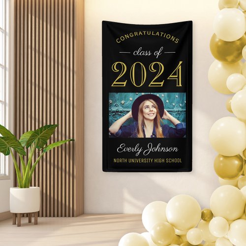 2024 Elegant Gold Black Custom Photo Graduation Banner