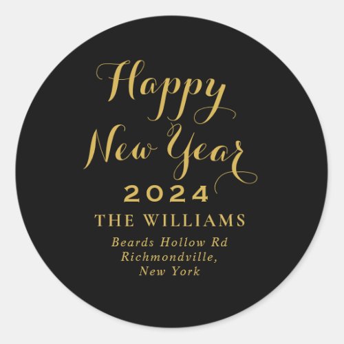 2024 Elegant New Year Black Gold Return Address Classic Round Sticker
