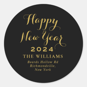2024 Elegant New Year Black Gold Return Address Classic Round Sticker