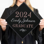 2024 Elegant Rose Gold Custom Graduation Cap Topper<br><div class="desc">Girly graduation cap topper features your class of 2024 graduate's name in script with scroll design accent. The stylish rose gold black,  white,  and blush pink / rose gold color scheme can be completely customized.</div>