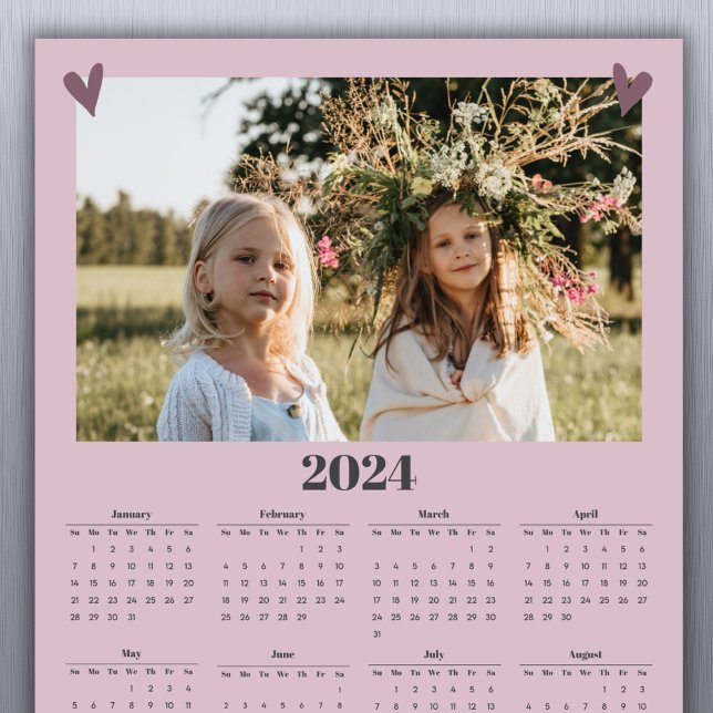 2024 Family Photo Calendar Magnet Pink (Simply add your family photo to customize. A short greeting or family name can be added with year.)