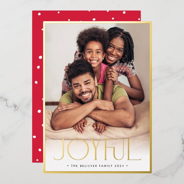 2024 FAMILY PHOTO modern minimalist JOYFUL red Foil Holiday Card (Front/Back)
