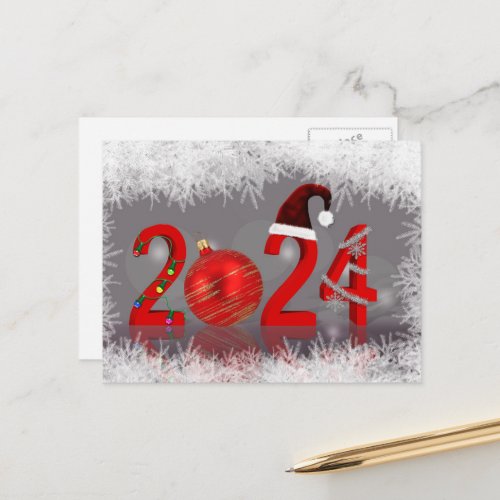 2024 Festive Red Merry Christmas New Year Holiday Postcard