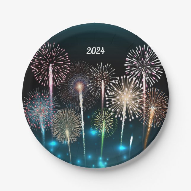 2024 Fireworks Happy New Year Paper Plates (Front)