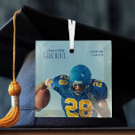 2024 Football Player Graduation Photo Christmas Glass Ornament<br><div class="desc">Graduate written in tall blue typography over your athlete senior portrait photo makes a simple graduation keepsake ornament for a football player on a sports team. Customize with your name and high school or university class of 2024 on this minimalist Christmas gift for a student in athletics.</div>