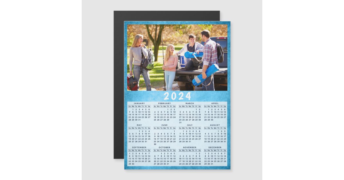 2024 Fridge Magnetic Calendar Family Photo Blue | Zazzle