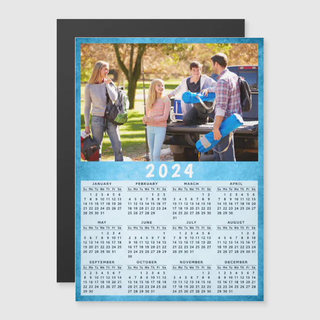 2024 Fridge Magnetic Calendar Family Photo Blue | Zazzle