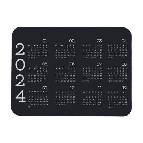 2024 Full Year Calendar Black And White Elegant Magnet
