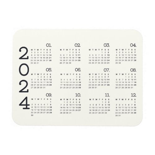2024 Full Year Calendar Black And White Elegant Magnet