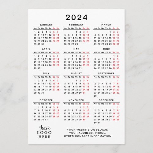 2024 Full Year Calendar White Black Red Minimal Program
