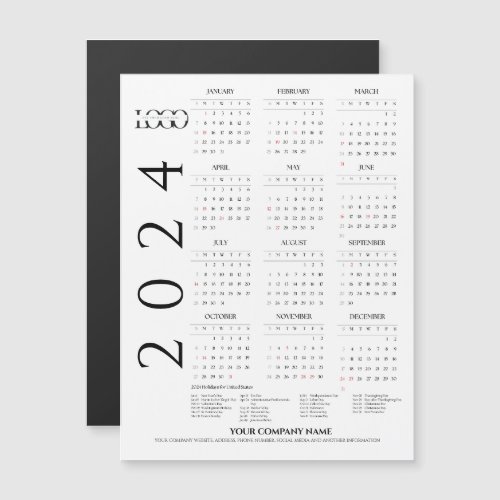 2024 Full Year Calendar with Holidays Black White