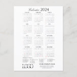 2024 Full Year Calendar with Holidays Black White Holiday Postcard<br><div class="desc">2024 Full Year Calendar with Holidays Black White Minimalist Magnetic Card
Easily Customized and Personalized by adding your company logo and company information</div>