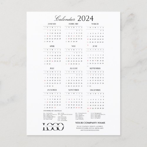 2024 Full Year Calendar with Holidays Black White Holiday Postcard