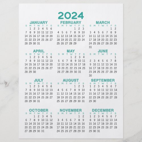 2024 Full Year View Calendar _ Basic Minimal Teal Flyer