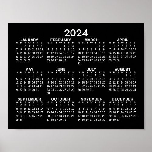 2024 Full Year View Calendar _ horizontal _ Black Poster